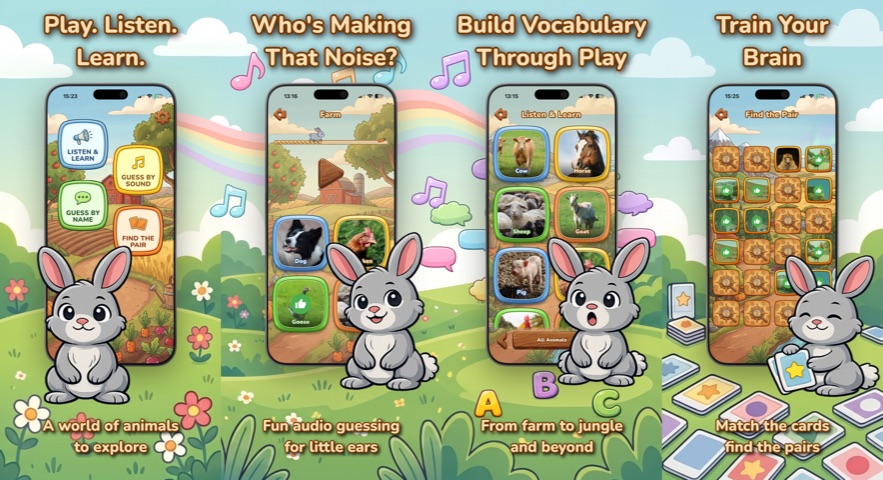 Animallo full App Store screenshot strip: Play Listen Learn, Who's Making That Noise, Build Vocabulary Through Play, Train Your Brain