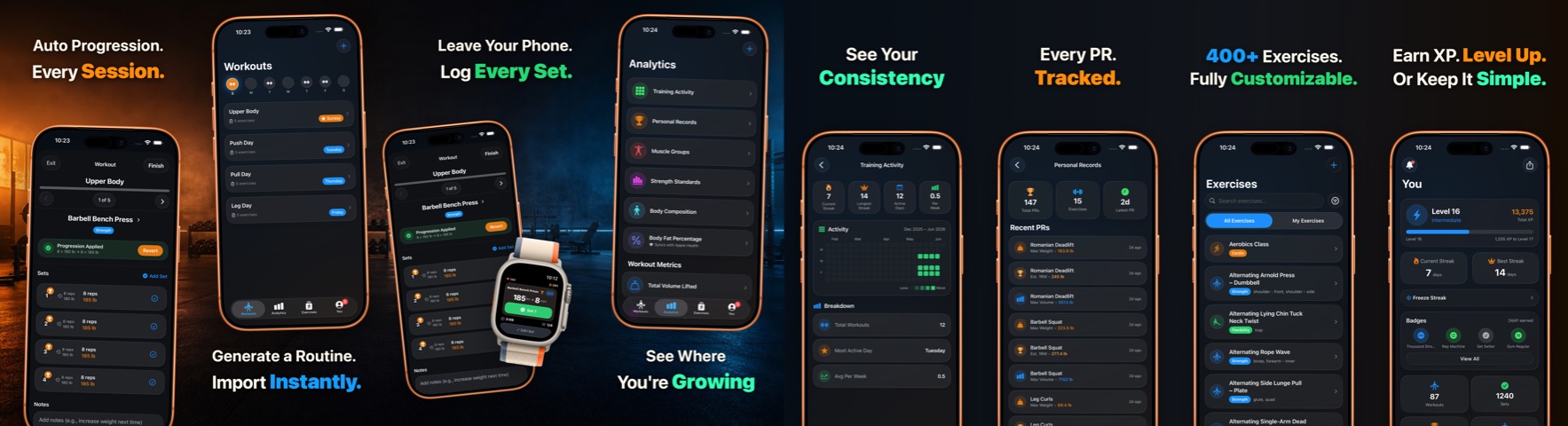 RepXP full App Store screenshot strip: workout tracking, routine generation, analytics, and Apple Watch logging