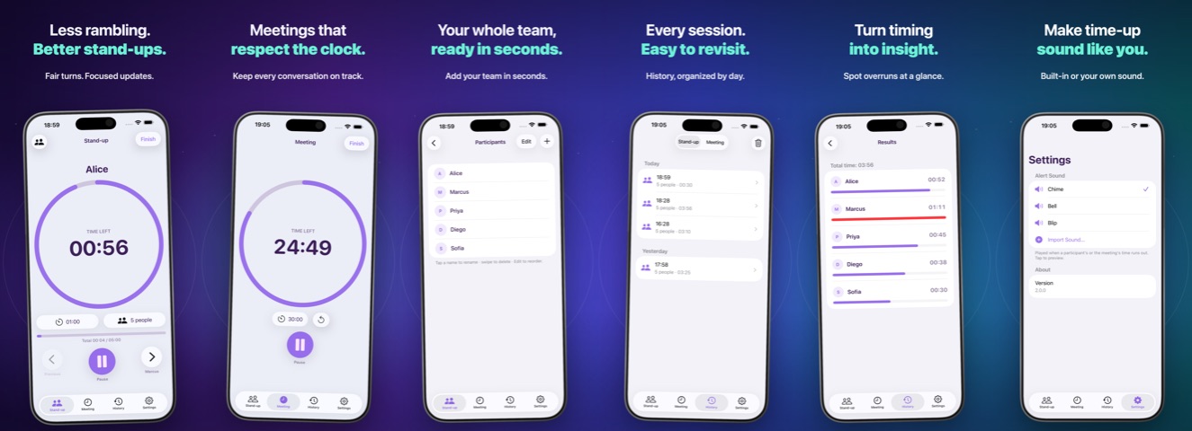 Scrumbble full App Store screenshot strip: stand-up timer, meeting timer, participants, history, results, and settings